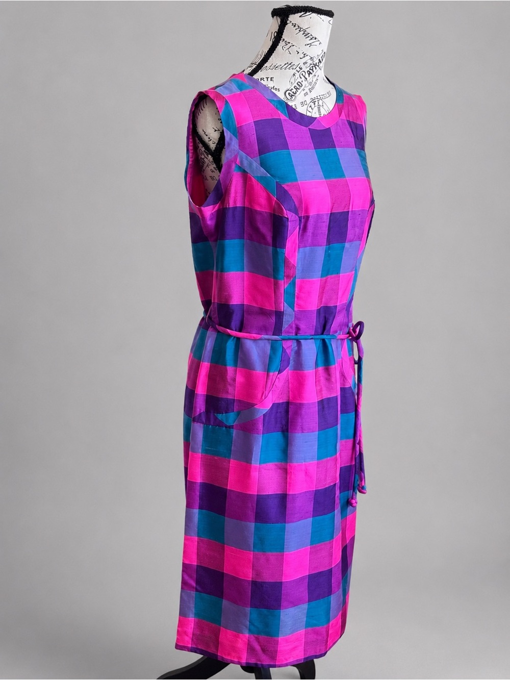 Vintage 60s Johnson Dong Hong Kong Vibrant Mod Secretary Geek Plaid Belted Dress
